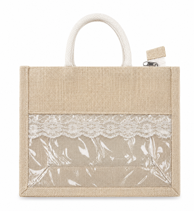 Ankit International Jute Tote Bag with Transparent Lace Pocket | Reusable Eco-Friendly Shopping & Lunch Bag for Women | Zip Closure