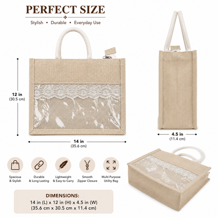 Ankit International Jute Tote Bag with Transparent Lace Pocket | Reusable Eco-Friendly Shopping & Lunch Bag for Women | Zip Closure