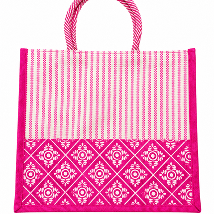 Pink Printed Jute Tote Bag for Women, Reusable Shopping & Grocery Bag