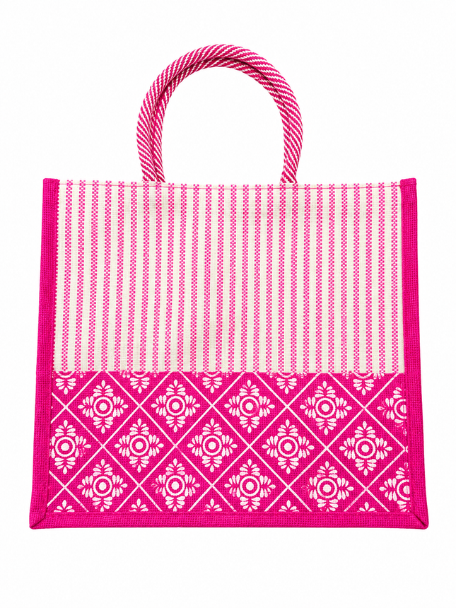 Pink Printed Jute Tote Bag for Women, Reusable Shopping & Grocery Bag