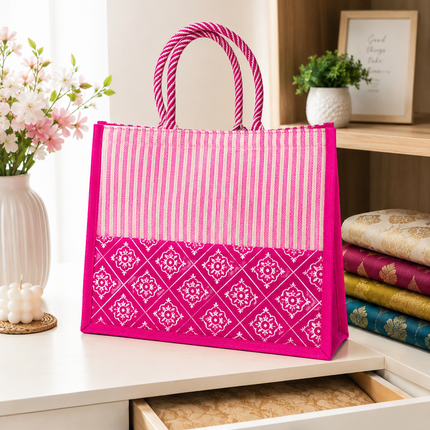 Pink Printed Jute Tote Bag for Women, Reusable Shopping & Grocery Bag