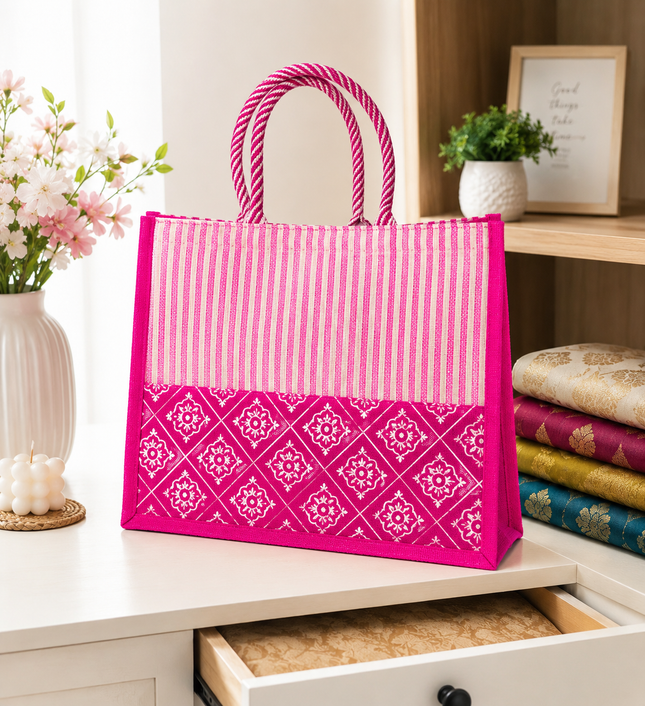 Pink Printed Jute Tote Bag for Women, Reusable Shopping & Grocery Bag