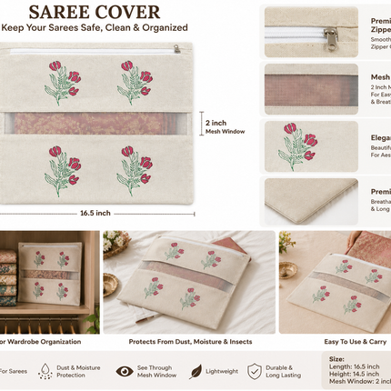 Ankit international Floral Printed Cotton Saree Cover with Transparent Window & Zipper | Wardrobe Storage Organizer for Sarees, Dresses & Ethnic Wear