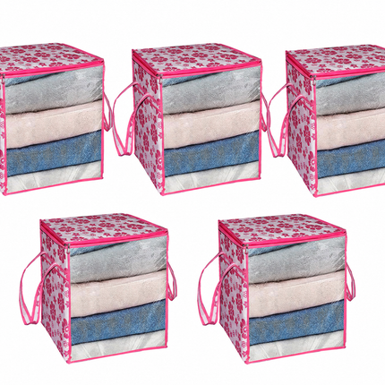 Ankit International Pink Floral Blanket Storage Bag | Foldable Wardrobe Organizer with Transparent Window | Large Clothes, Quilt & Comforter Storage Box