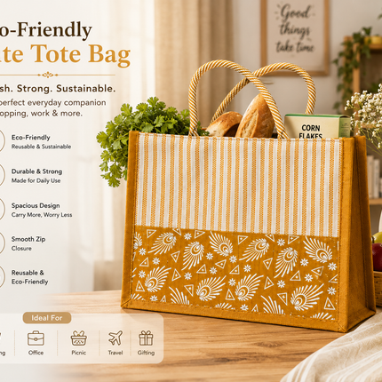 Premium Printed Jute Tote Bag for Women Eco-Friendly Reusable Shopping Grocery Everyday Carry Bag