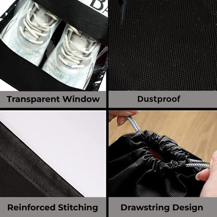 Ankit International Black Non-Woven Shoe Storage Bag with Transparent Window | Waterproof Drawstring Travel Shoe Organizer | Dustproof Footwear Cover for Men & Women Black