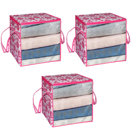 Ankit International Pink Floral Blanket Storage Bag | Foldable Wardrobe Organizer with Transparent Window | Large Clothes, Quilt & Comforter Storage Box