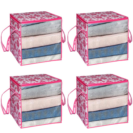 Ankit International Pink Floral Blanket Storage Bag | Foldable Wardrobe Organizer with Transparent Window | Large Clothes, Quilt & Comforter Storage Box