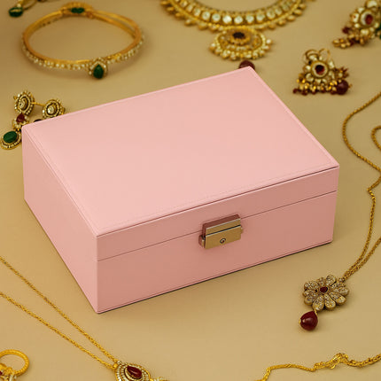 Ankit International Pink Jewellery Storage Box with Mirror | Lockable Jewelry Organizer Case for Rings, Earrings, Necklaces & Bangles | Travel & Wardrobe Storage