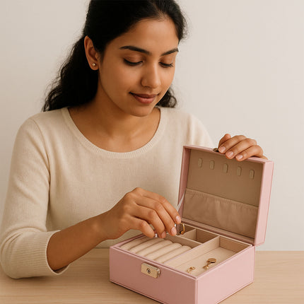 Ankit International Pink Jewellery Storage Box with Mirror | Lockable Jewelry Organizer Case for Rings, Earrings, Necklaces & Bangles | Travel & Wardrobe Storage