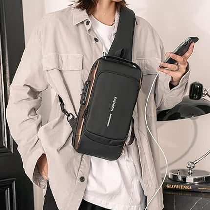 ANKIT INTERNATIONAL Waterproof Polyester Slim Unisex Crossbody Sling Bag With USB Charging Port, Backpack Men's Shoulder Bag, Travel Handbag, Hard Shell Anti-Theft Chest Bag
