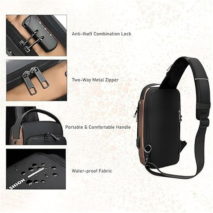 ANKIT INTERNATIONAL Waterproof Polyester Slim Unisex Crossbody Sling Bag With USB Charging Port, Backpack Men's Shoulder Bag, Travel Handbag, Hard Shell Anti-Theft Chest Bag