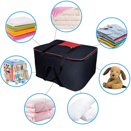 Ankit International Large Blanket Storage Bag with Handles – Foldable Quilt & Comforter Organizer, Heavy-Duty Clothes Storage Bag with Top Zipper & Front Pocket (Black & Red)