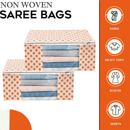 White & Orange Star Print Clothes Storage Organizer Box with Transparent Window and Zip Closure