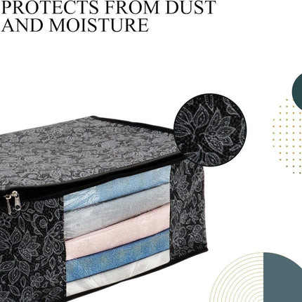 Black Floral Design Clothes Storage Organizer Box with Transparent Window and Zip Closure