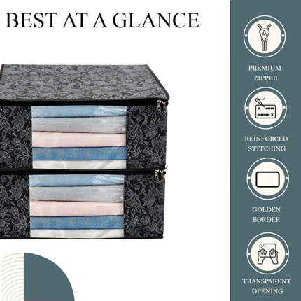 Black Floral Design Clothes Storage Organizer Box with Transparent Window and Zip Closure