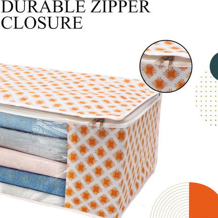 White & Orange Star Print Clothes Storage Organizer Box with Transparent Window and Zip Closure