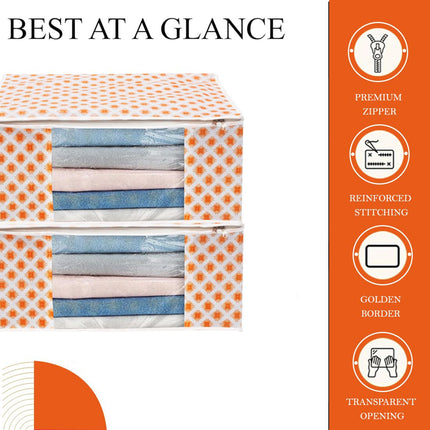 White & Orange Star Print Clothes Storage Organizer Box with Transparent Window and Zip Closure
