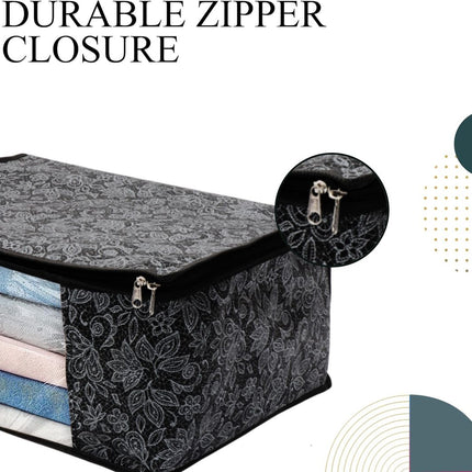 Black Floral Design Clothes Storage Organizer Box with Transparent Window and Zip Closure