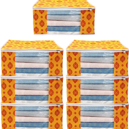 Yellow & Red Traditional Printed Clothes Storage Organizer Box with Transparent Window and Zip Closure