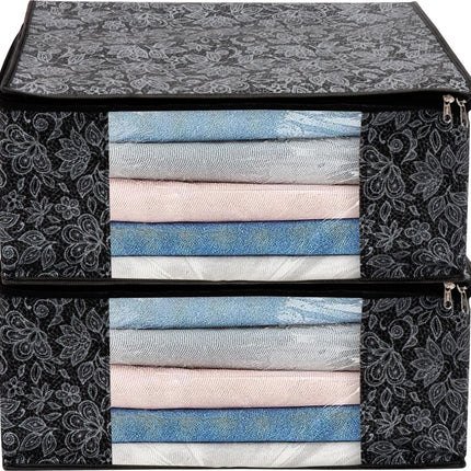 Black Floral Design Clothes Storage Organizer Box with Transparent Window and Zip Closure