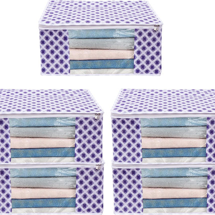 White & Purple Floral Design Clothes Storage Organizer Box with Transparent Window and Zip Closure