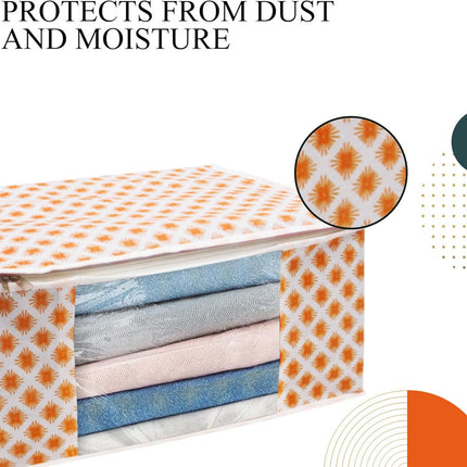White & Orange Star Print Clothes Storage Organizer Box with Transparent Window and Zip Closure