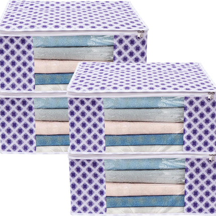White & Purple Floral Design Clothes Storage Organizer Box with Transparent Window and Zip Closure