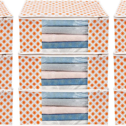 White & Orange Star Print Clothes Storage Organizer Box with Transparent Window and Zip Closure