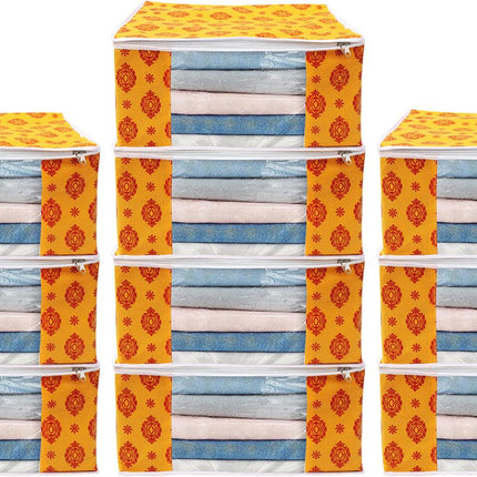 Yellow & Red Traditional Printed Clothes Storage Organizer Box with Transparent Window and Zip Closure
