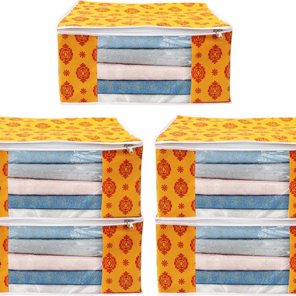 Yellow & Red Traditional Printed Clothes Storage Organizer Box with Transparent Window and Zip Closure