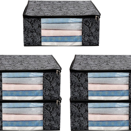 Black Floral Design Clothes Storage Organizer Box with Transparent Window and Zip Closure