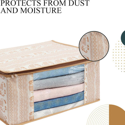 Beige Elephant Printed Design Clothes Storage Organizer Box with Transparent Window and Zip Closure