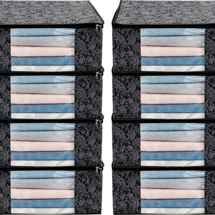 Black Floral Design Clothes Storage Organizer Box with Transparent Window and Zip Closure