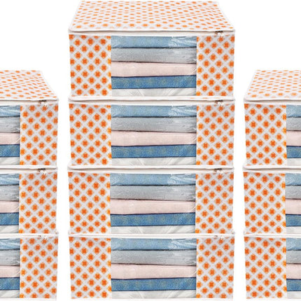 White & Orange Star Print Clothes Storage Organizer Box with Transparent Window and Zip Closure