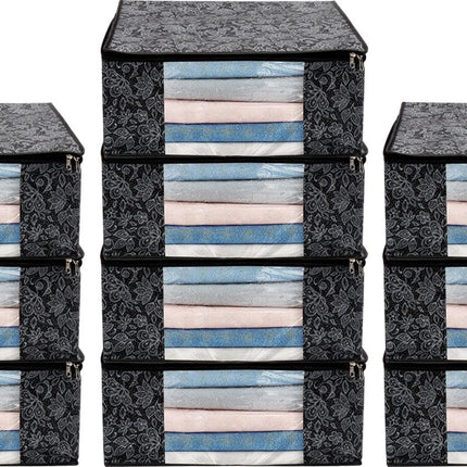 Black Floral Design Clothes Storage Organizer Box with Transparent Window and Zip Closure