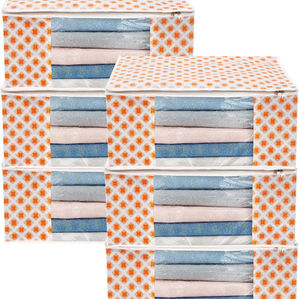 White & Orange Star Print Clothes Storage Organizer Box with Transparent Window and Zip Closure