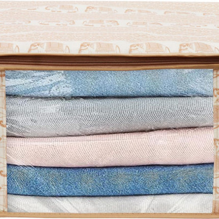 Beige Elephant Printed Design Clothes Storage Organizer Box with Transparent Window and Zip Closure