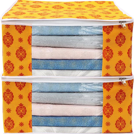 Yellow & Red Traditional Printed Clothes Storage Organizer Box with Transparent Window and Zip Closure
