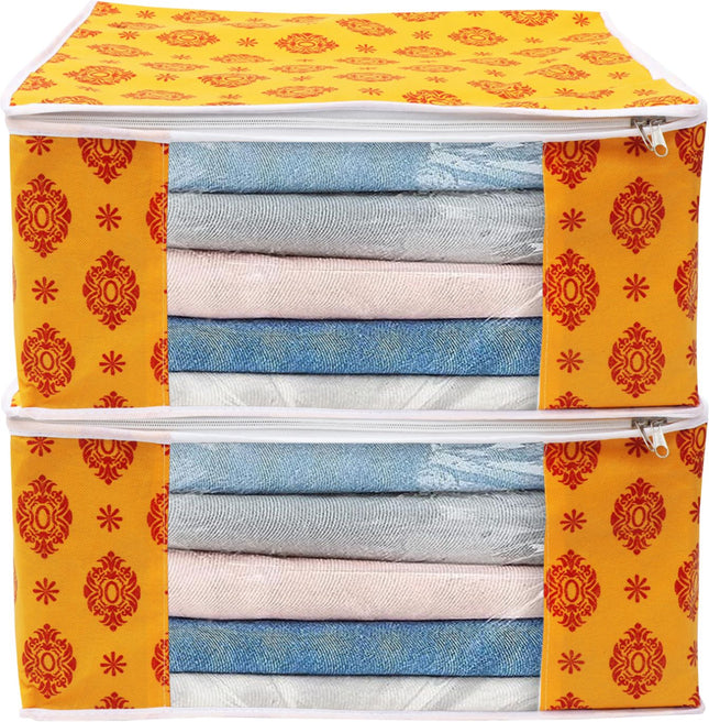 Yellow & Red Traditional Printed Clothes Storage Organizer Box with Transparent Window and Zip Closure