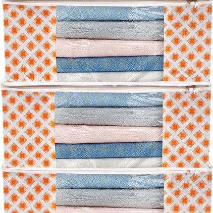 White & Orange Star Print Clothes Storage Organizer Box with Transparent Window and Zip Closure