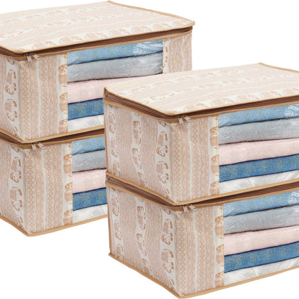 Beige Elephant Printed Design Clothes Storage Organizer Box with Transparent Window and Zip Closure