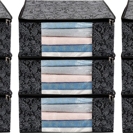 Black Floral Design Clothes Storage Organizer Box with Transparent Window and Zip Closure