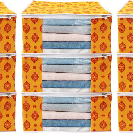 Yellow & Red Traditional Printed Clothes Storage Organizer Box with Transparent Window and Zip Closure