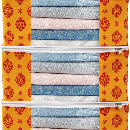 Yellow & Red Traditional Printed Clothes Storage Organizer Box with Transparent Window and Zip Closure