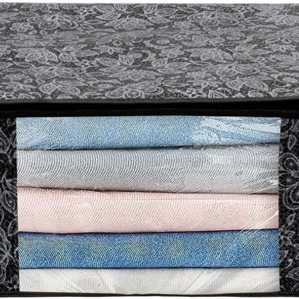 Black Floral Design Clothes Storage Organizer Box with Transparent Window and Zip Closure