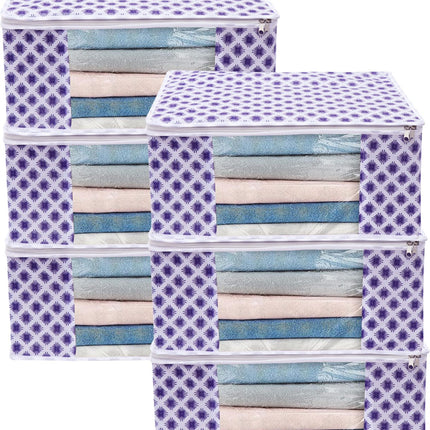 White & Purple Floral Design Clothes Storage Organizer Box with Transparent Window and Zip Closure