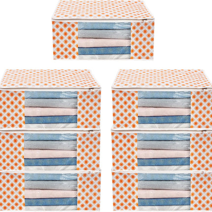 White & Orange Star Print Clothes Storage Organizer Box with Transparent Window and Zip Closure