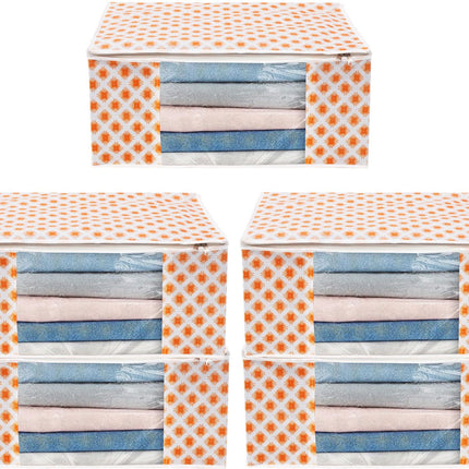 White & Orange Star Print Clothes Storage Organizer Box with Transparent Window and Zip Closure