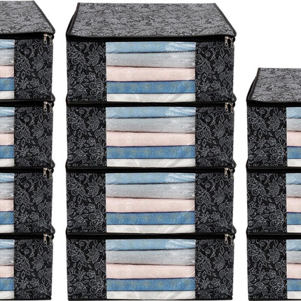 Black Floral Design Clothes Storage Organizer Box with Transparent Window and Zip Closure